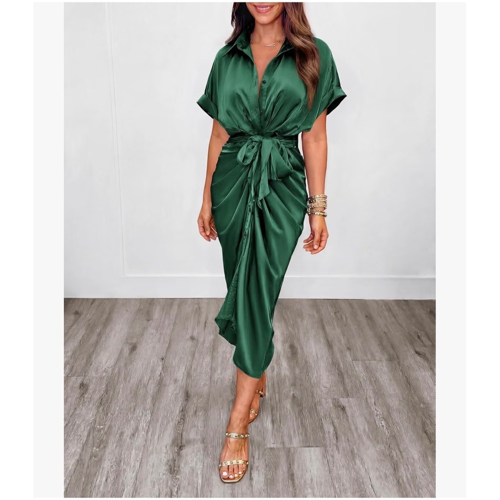 BTFBM Satin Ruched Shirt Dress Emerald Green Medium Tie Waist Midi